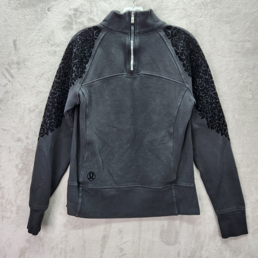 Lululemon Floral Flock Pullover Womens 10 Black Funnel Neck Sweatshirt Back Zip‎ - Picture 3 of 11